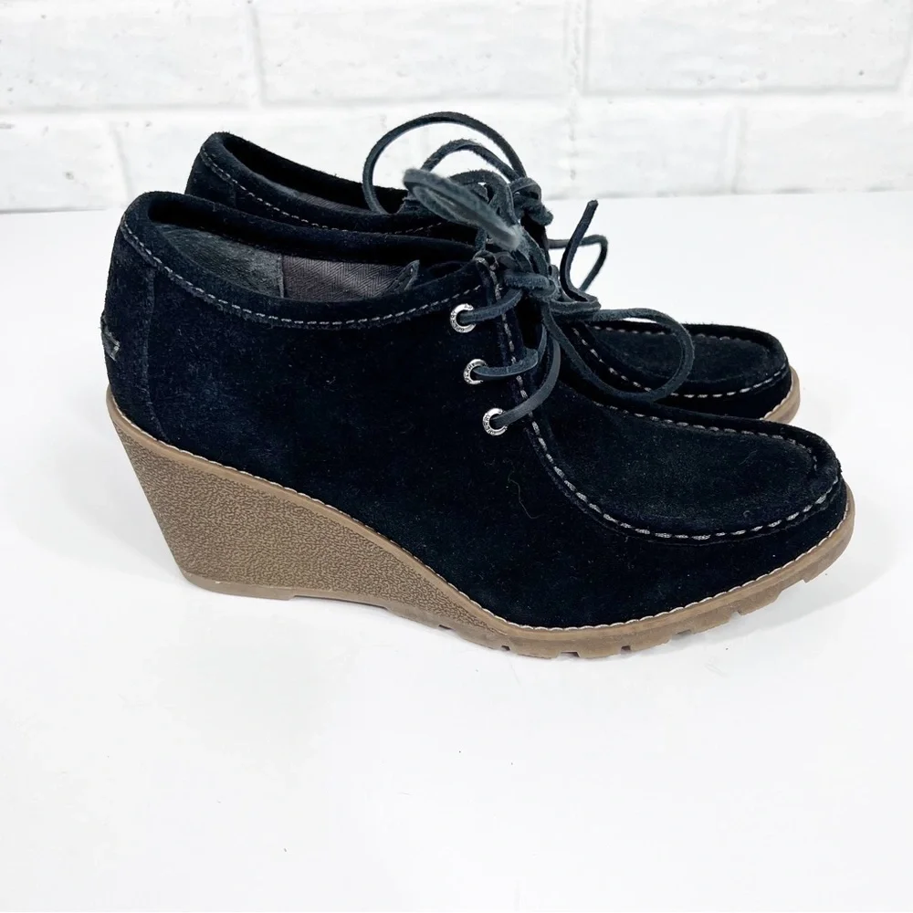 Sperry Stella Black Suede lace up wedge bootie